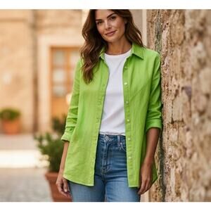 CHAUS 100% Linen Blouse Casual Boho Beach Green Long Roll Tab Sleeves SZ 12